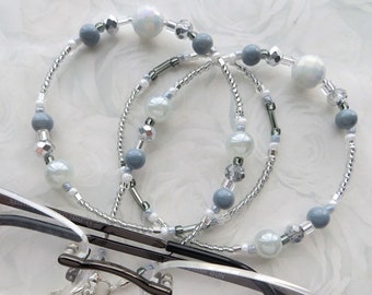 Masken Schlüsselband, Silber Perlen Brillenkette, Silber Perlen Masken Lanyard, Sonnenbrillen Schmuck- Silber und Graue Perlen und Kristalle