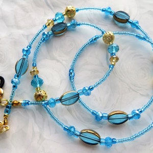 GOLDEN SKIES- Blue and Gold Eyeglass Lanyard, Beaded Eyeglass Chain, Wife Gift, Sunglasses Jewelry- Blue Readers, Teal & Gold