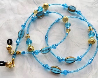 GOLDEN SKIES- Blue and Gold Eyeglass Lanyard, Beaded Eyeglass Chain, Wife Gift, Sunglasses Jewelry- Blue Readers, Teal & Gold