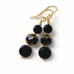 BLACK and GOLD- Long Dangle Beaded Earrings- Glass Beads and Sparkling Crystals- Gold Plated Earwires