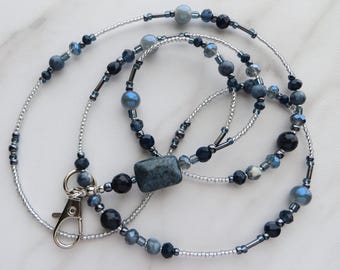 MYSTIC OCEAN- Beaded ID Lanyard Badge Holder- Aquamarine Teacher, Office, Necklace Lanyard (Magnetic Clasp or Necklace Clasp)