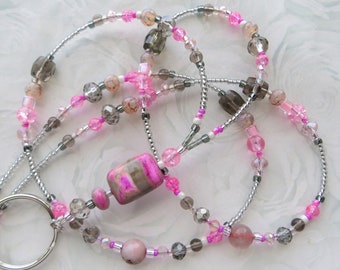PINK PRESTIGE - Cordão para crachá com contas, porta-crachá - Pedras de ágata, cordão rosa, cordão para escritório de professor (fecho magnético ou de colar)