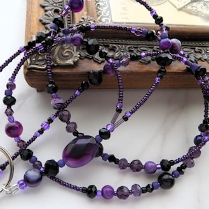 PURPLE NOIR- Beaded ID Lanyard, Id Badge Holder- Purple and Black Teacher, Office, Necklace Lanyard (Magnetic Clasp or Necklace Clasp)