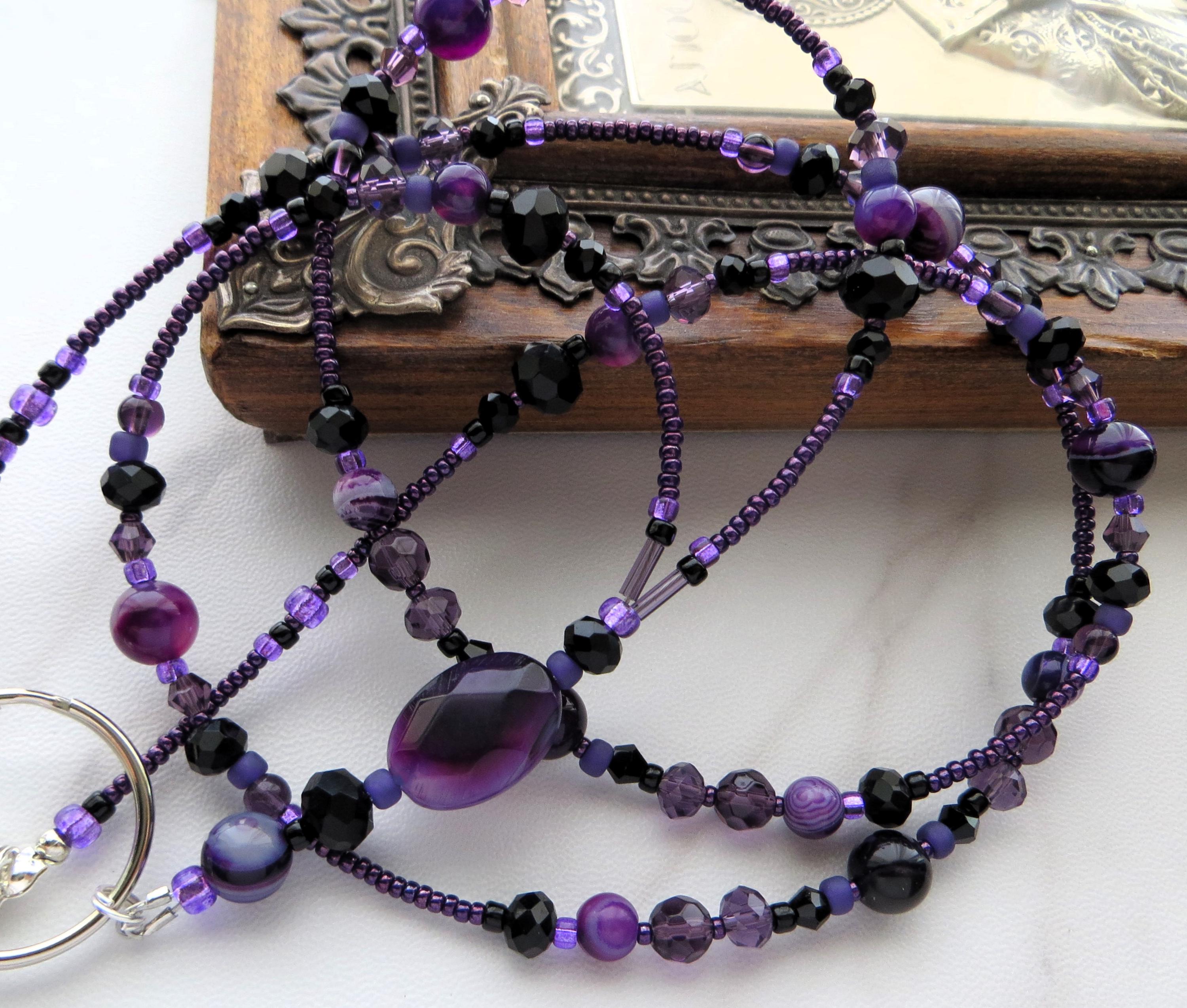 PURPLE NOIR- Beaded ID Lanyard, Id Badge Holder- Purple and Black