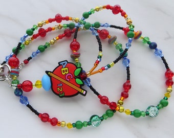 HAPPY TEACHER- ID Lanyard and Badge Holder- Teacher Lanyard, Office Necklace Lanyard (Breakaway Magnetic Clasp or Necklace Clasp)