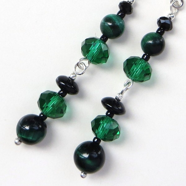 RESERVED for Ellen- EMERALD EVENING- Long Dangle Beaded Earrings- Green Tiger's Eye Gemstones and Sparkling Crystals- Lever back