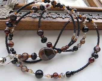 MAHOGANY AGATE- Beaded Id Lanyard, Id Badge Holder-  Teacher, Office Necklace Lanyard (Magnetic Clasp, Necklace Clasp, No Clasp)