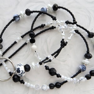 BLACK & WHITE- Beaded Lanyard, ID Badge Holder, Black and White Lanyard, Teacher Lanyard, Gift Idea (Magnetic/Necklace Clasp)