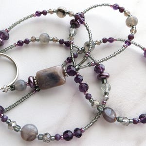 PURPLE SANDS- Beaded ID Lanyard Badge Holder- Purple and Grey Teacher Lanyard, Office Necklace Lanyard (Magnetic, Necklace Clasp, No Clasp)