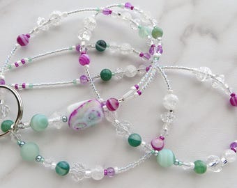SERENITY- Beaded ID Lanyard Badge Holder- Office Teacher Lanyard, Magenta Purple, Seafoam Green, and White with Agate Gemstones