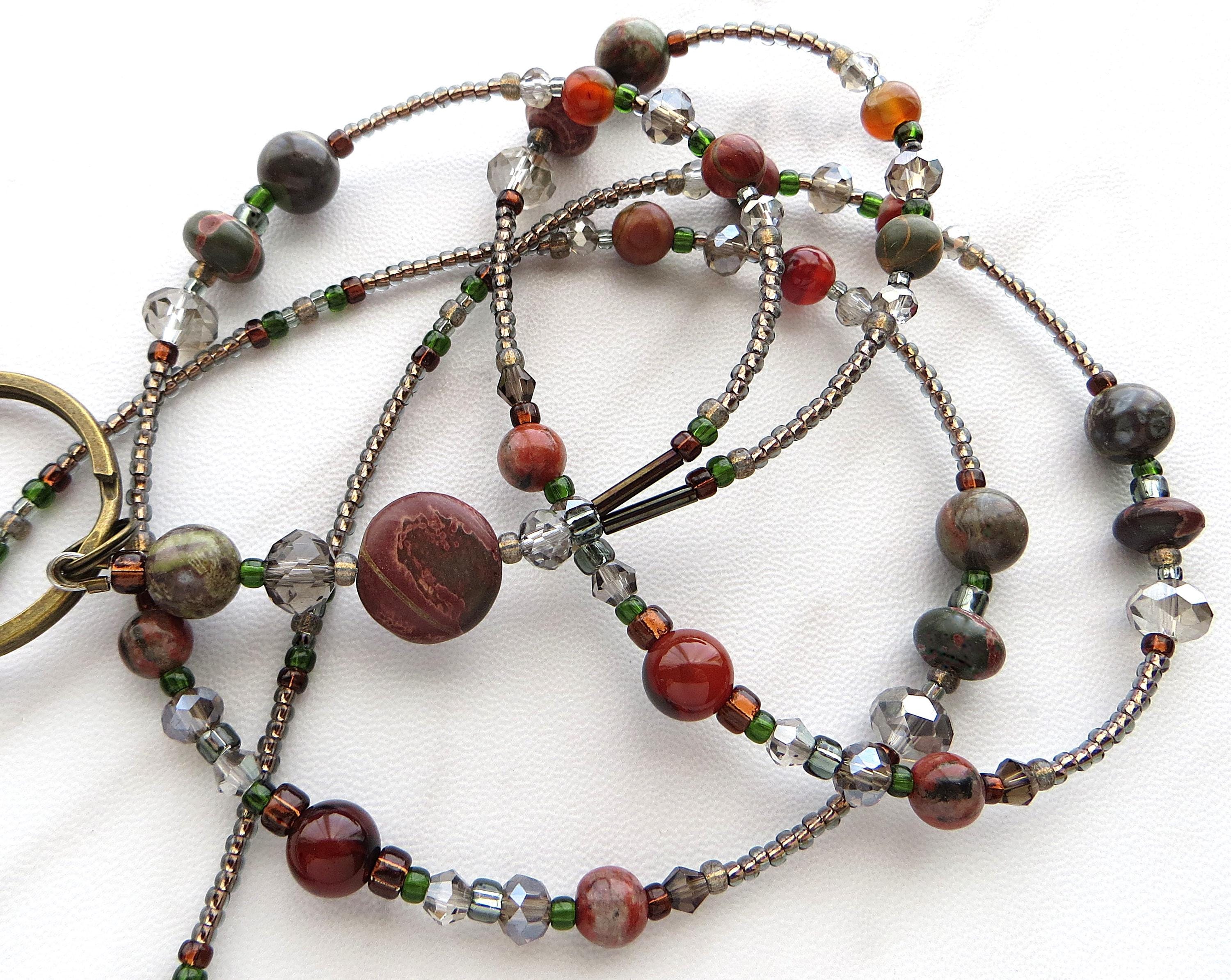 EARTH JASPER- Beaded ID Lanyard, Id Badge Holder- Office and Teacher Lanyard (Breakaway Safety Magnetic Clasp or Necklace Clasp)