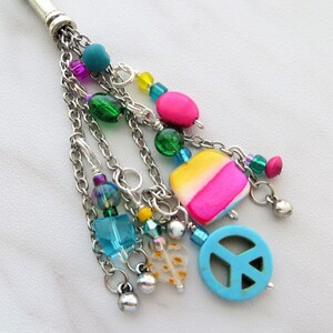 PAZ VIBRANTE - Puxador de zíper único, pingente de bolsa, chaveiro, pingente de telefone celular, fecho de tricô, fecho de ponto - cristais e turquesa