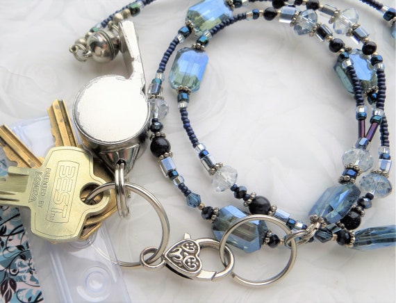 SHADES OF BLUE- Beaded Id Lanyard Badge Holder- Copper Blue Jasper