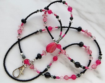 ÁGATA ROSA – Porta-crachá de cordão de identificação com contas – cordão de professor, cordão de escritório, pedras preciosas de ágata, presente para ela (magnético, colar ou sem fecho)