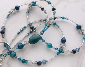 SILVER MIST- Beaded Id Lanyard Badge Holder- Agate Gemstones, Teacher Office Necklace Lanyard (Magnetic, Necklace Clasp, No Clasp)