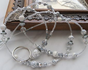 WHITE TURQUOISE- Beaded ID Lanyard Badge Holder- Office Teacher Lanyard, White and Gray, Silver, Tibetan Silver Beads