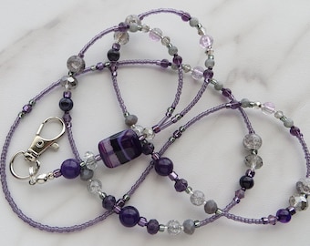 PURPLE MIST- Beaded Id Lanyard, Id Badge Holder- Professional Teacher Office Necklace Lanyard (Magnetic Clasp, Necklace Clasp, No Clasp)