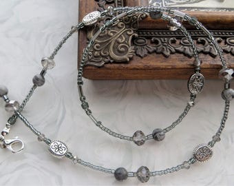 DARK SILVER- Eyeglass Lanyard, Silver Beaded Eyeglass Chain, Wife Gift, Best Friend Gift, Sunglasses Jewelry- Tibetan Silver and Crystals