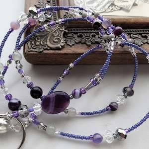 VIBRANT PURPLE- Beaded ID Lanyard, Id Badge Holder- Lavender & Grey Teacher, Office Necklace Lanyard (Magnetic, Necklace Clasp, No Clasp)
