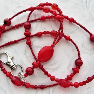 CRIMSON RED- Beaded ID Lanyard, Id Badge Holder- Teacher Lanyard, Petite Office Necklace Lanyard (Magnetic/Necklace Clasp/Comfort Created)