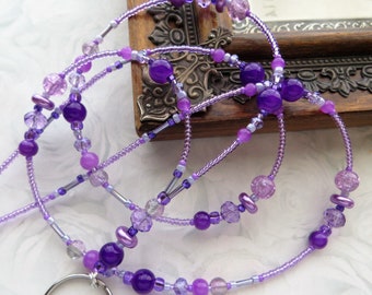 SPARKLING PURPLE- Beaded ID Lanyard, Id Badge Holder- Office Necklace Id Lanyard (Breakaway Magnetic Safety Clasp or Necklace Clasp)