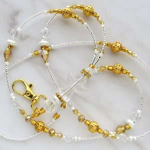 HOLIDAY ANGEL- Beaded ID Lanyard, Id Badge Holder- White & Gold Teacher, Office, Necklace Lanyard (Magnetic/Necklace Clasp/Comfort Created)