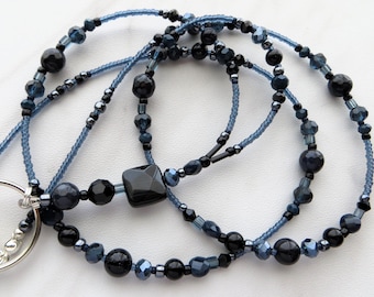 MIDNIGHT BLUE- Beaded Id Lanyard, Id Badge Holder- Blue & Black Teacher, Office Necklace Lanyard (Magnetic, Necklace Clasp, No Clasp)