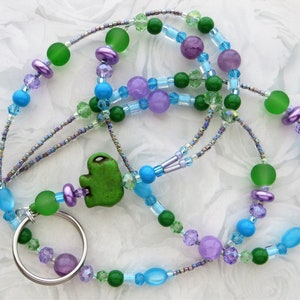 SPRING ELEPHANT- Beaded ID Lanyard, Id Badge Holder- Purple, Blue, & Green Lanyard, Teacher Office Lanyard (Magnetic or Necklace Clasp)