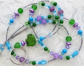 SPRING ELEPHANT- Beaded ID Lanyard, Id Badge Holder- Purple, Blue, & Green Lanyard, Teacher Office Lanyard (Magnetic or Necklace Clasp)