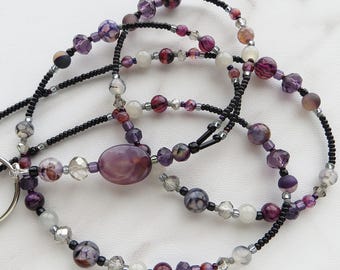 EMPRESS- Beaded ID Lanyard Badge Holder-  Purple and Gray Gemstone Office Lanyard, Teacher Lanyard, Necklace Lanyard, Breakaway Lanyard