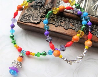 COLORFUL ANGEL- Handmade Beaded Girl's Necklace-  Lucite Beads and Crystals- Necklace Clasp- Large