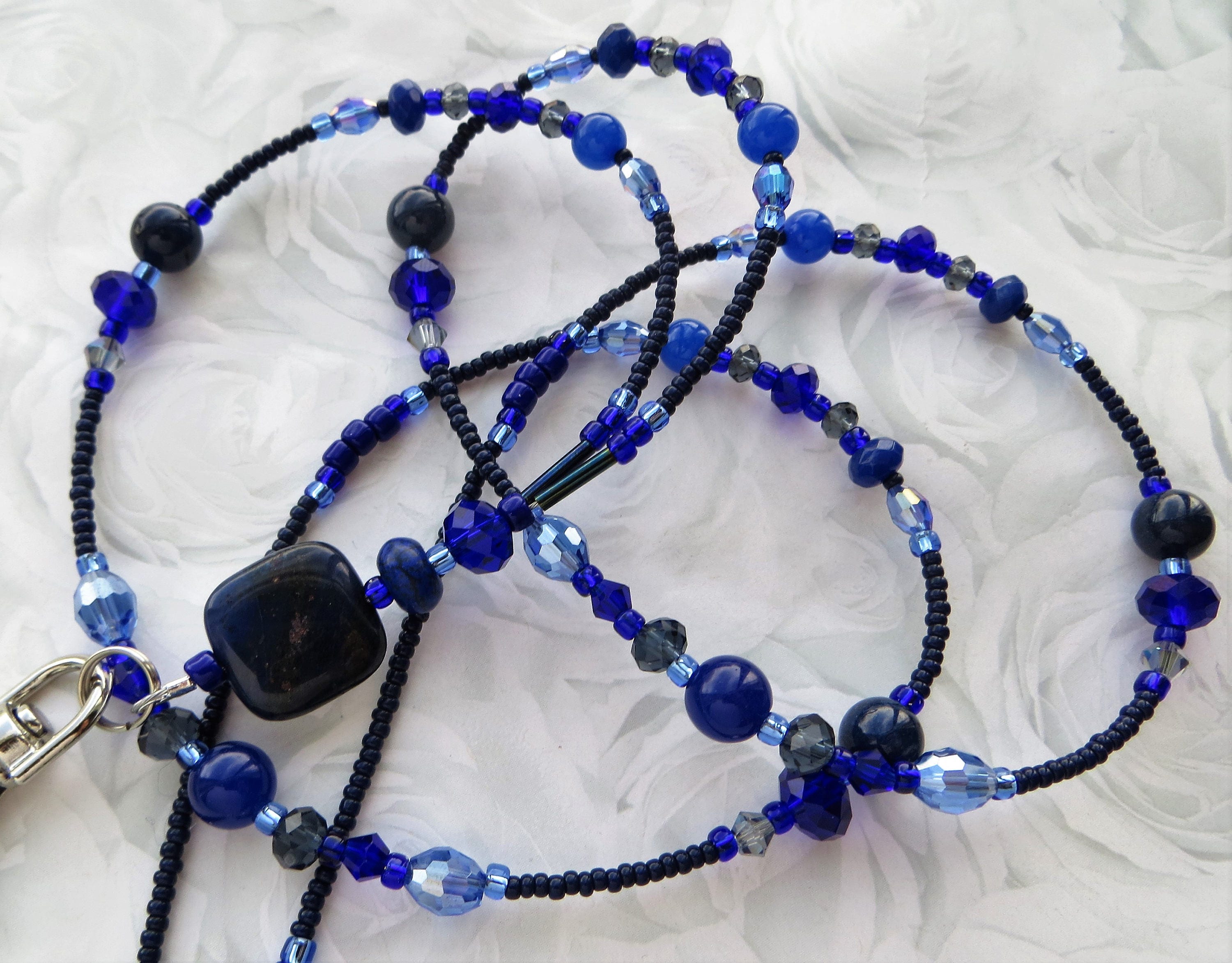 アクセサリー isnb_doi SHADES OF BLUE- Beaded Id Lanyard Badge Holder- Copper Blue Jasper