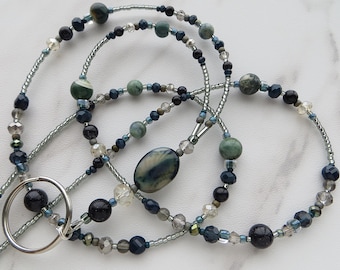 EXOTIC SHADOWS- Beaded Id Lanyard, Id Badge Holder- Agate Gemstones, Teacher, Office Necklace Lanyard (Magnetic, Necklace Clasp, No Clasp)