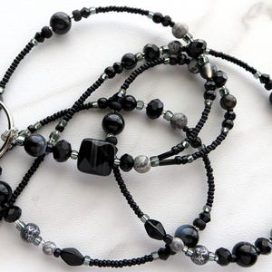 MIDNIGHT SHADOWS- Beaded Id Lanyard, Id Badge Holder- Gray & Black Teacher, Office Necklace Lanyard (Magnetic, Necklace Clasp, No Clasp)