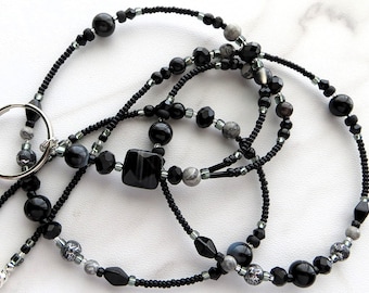 MIDNIGHT STORMS - Cordão para crachá com contas, porta-crachá - Cinza e preto para professores, cordão para colar no escritório (fecho magnético ou fecho de colar)