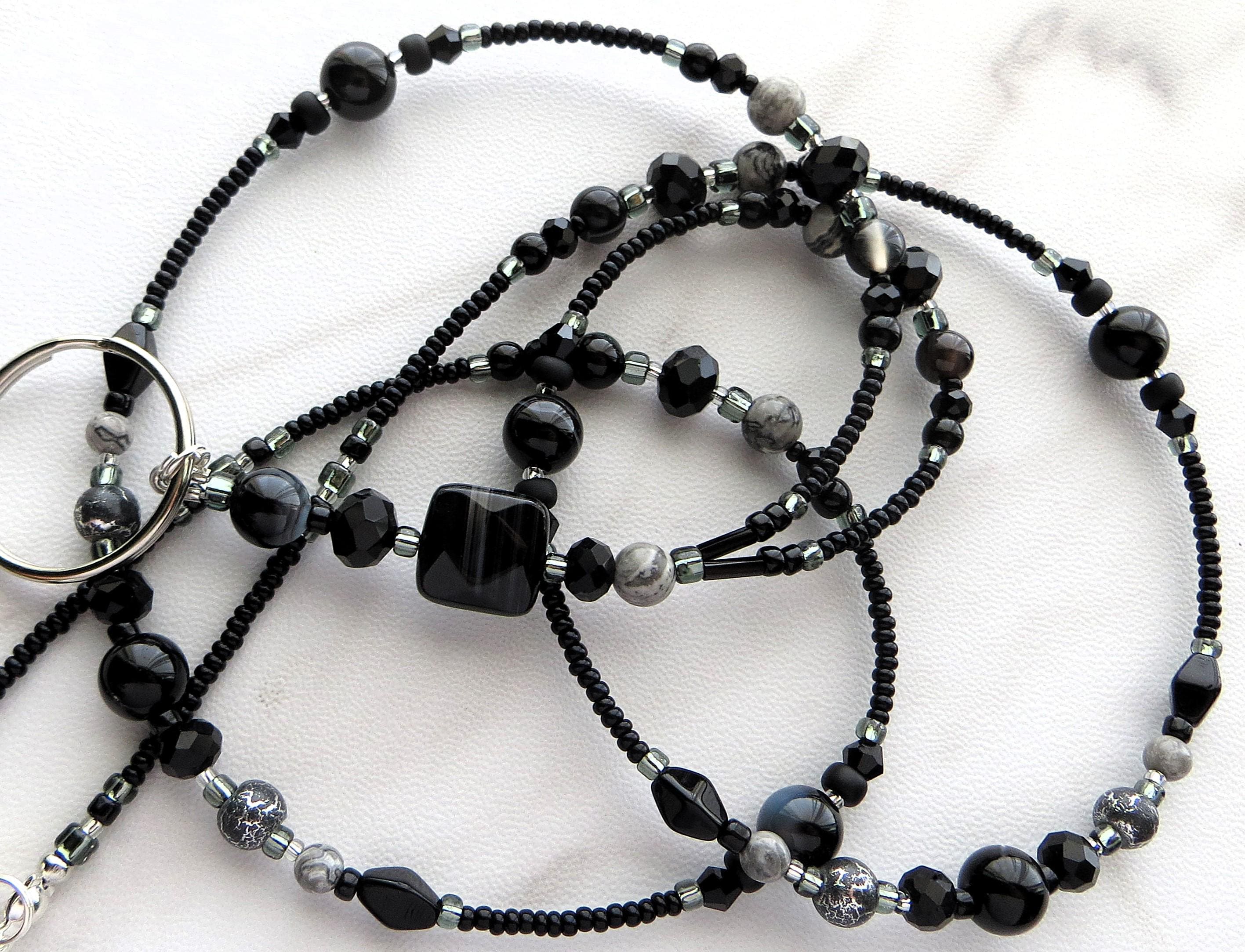 MIDNIGHT STORMS- Beaded Id Lanyard, Id Badge Holder- Gray & Black Teacher, Office Necklace Lanyard (Magnetic Clasp or Necklace Clasp)