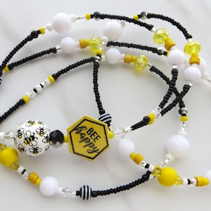 BEE HAPPY- Beaded Id, Lanyard ID Badge Holder- Teacher Necklace Lanyard, Bee Theme, Office Lanyard (Magnetic Clasp or Necklace Clasp)