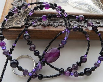 ROYALTY- Beaded ID Lanyard Badge Holder-  Purple and Black Gemstone Office Lanyard, Teacher Lanyard, Necklace Lanyard, Breakaway Lanyard