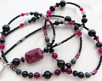 MAGENTA MAGIC- Beaded Id Lanyard, Id Badge Holder- Professional Teacher Office Necklace Lanyard (Magnetic Clasp, Necklace Clasp, No Clasp)