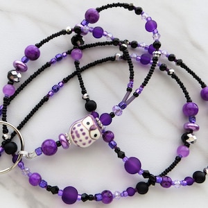 PURPLE OWL- Beaded Id Lanyard and Badge Holder- Purple Teacher Lanyard, Necklace and Office Lanyard (Magnetic/Necklace/No Clasp)