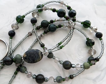 FOREST JASPER - Cordão de identificação com miçangas, porta-crachá de identificação - pedras preciosas de ágata e jaspe, cordão de escritório (fecho magnético/colar ou criado com conforto)
