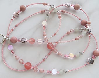 PINK TOURMALINE- Beaded ID Lanyard Badge Holder- Pink and Silver Office Lanyard, Teacher Lanyard, Necklace Lanyard, Breakaway Lanyard