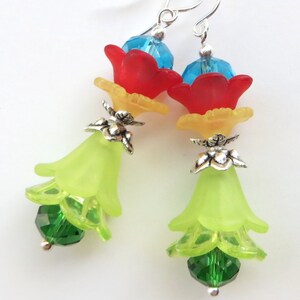 VIBRANT GARDEN- Beaded Lucite Flower Earrings with Sparkling Crystals- Silver Plated Ear Wires