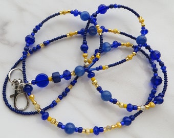 BLUE AND GOLD- Beaded Id Lanyard, Id Badge Holder- Necklace Lanyard, Teacher Lanyard, Office Lanyard (Magnetic/Necklace Clasp or No Clasp)