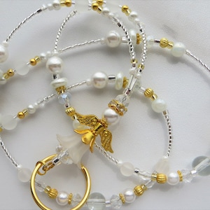 GOLDEN ANGEL- Beaded ID Lanyard, Id Badge Holder- White & Gold Teacher, Office, Necklace Lanyard (Magnetic/Necklace Clasp/Comfort Created)