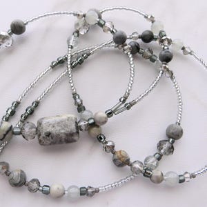 SHADOWS- Beaded Id Lanyard, Id Badge Holder- Gray & Silver Teacher, Office Necklace Lanyard (Magnetic Clasp or Necklace Clasp)