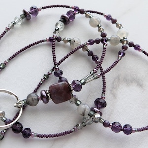 PURPLE MIST- Beaded ID Lanyard Badge Holder- Purple and Grey Teacher Lanyard, Office Necklace Lanyard (Magnetic, Necklace Clasp, No Clasp)