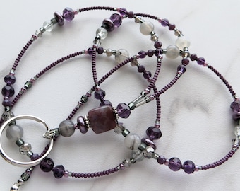 PURPLE MIST- Beaded ID Lanyard Badge Holder- Purple and Grey Teacher Lanyard, Office Necklace Lanyard (Magnetic, Necklace Clasp, No Clasp)