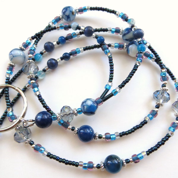 ELEGANT OCEAN- Beaded ID Lanyard- Shimmering Crystals, Mother of Pearl and Striped Blue Agate Beads- Long Lanyard (Magnetic Clasp)