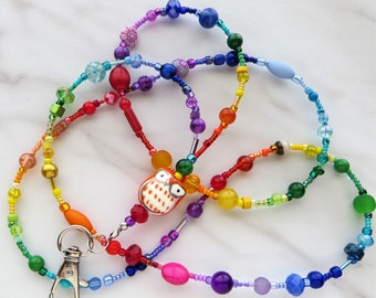 CHEERFUL OWL- Beaded Id Lanyard, Id Badge Holder- Colorful Teacher Lanyard, Necklace Office Lanyard (Magnetic Clasp/Necklace Clasp/No Clasp)